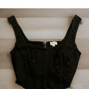 Le Lis  Black Denim Bustier Crop Top Sm Back Zipper Distressed Corset Style